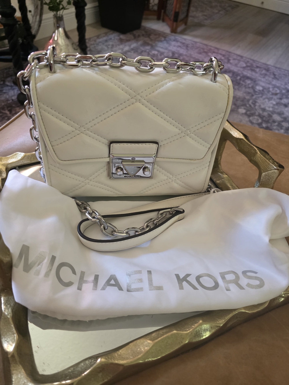 Michael Kors White Quilted Leather Crossbody with Silver Chain